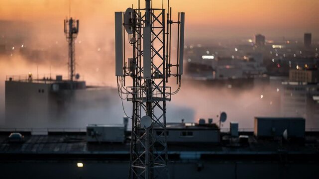 Sharp detail on the urban FM antenna mast framed by an outoffocus transmitter facility and a smoky fog settling over the cityscape at sunset.