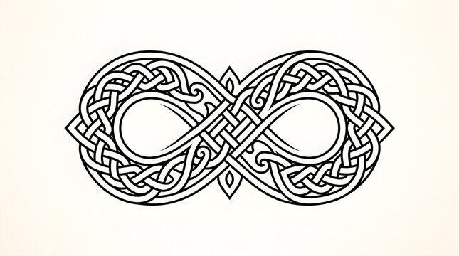 Intricate Celtic infinity knot with interwoven ornamental patterns representing eternity, unity, balance, spirituality, and endless connection. Ideal for tattoo designs, decorative graphics, and cultu