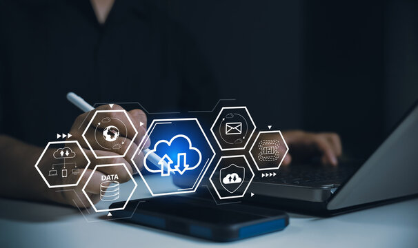 Business professional manages secure cloud data transfer across connected devices, illustrating backup, synchronization, storage, cybersecurity, global access, email, and digital infrastructure.