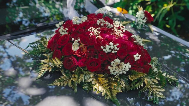 Elegant Red Rose Wedding Car Decoration in Close Up