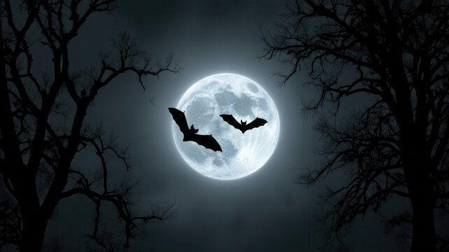 Two bats fly before a full moon at night. Halloween horror concept.