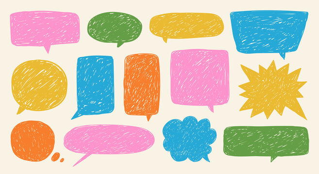 Colorful hand drawn set speech bubbles and thought balloons in various shapes and sizes. Vector