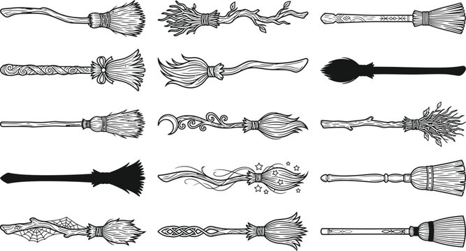 A comprehensive halloween vector bundle featuring various detailed black and white magic wands and wizard sticks for creative graphic design projects