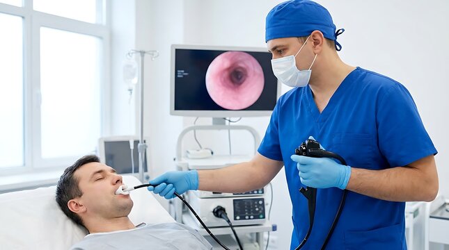 Doctor performing esophagogastroduodenoscopy on patient lying in hospital bed observing internal view on monitor showing red tissue detail internal organ examination.
