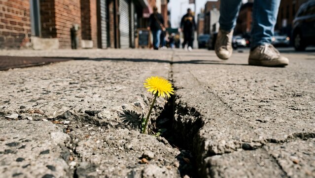Vibrant yellow dandelion flower growing through a crack in a concrete sidewalk while people walk by in an urban street setting.