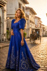 Fototapeta premium Woman in Royal Blue Gown on Cobblestone Street with Horse Carriage in