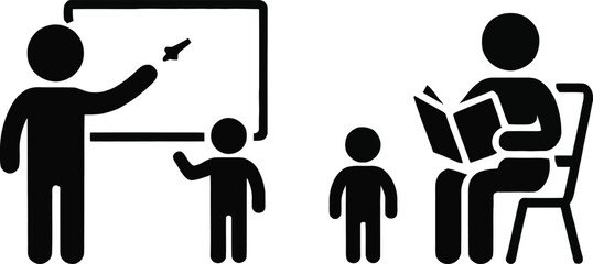 Teacher pointing at blackboard with student raising hand in classroom © MelonChandro