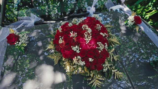 Luxury Wedding Car Floral Arrangement with Red Roses