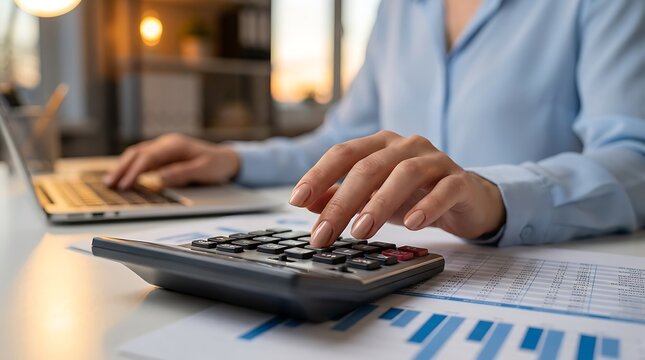 Closeup of hands using calculator and laptop among financial reports, business professional working with numbers and data, detailed accounting and analysis in office environment.