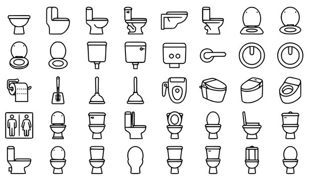 Premium toilet, bathroom, WC, sanitation and plumbing line icons set