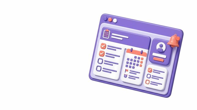 Abstract ui browser window with task list, calendar, and profile isolated on white background