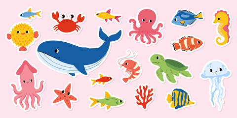 Obraz premium Сute ocean animals sticker collection. Whale,turtle, octopus, fish,squid, jellufish, shrimp and crab sea animal. Underwater marine life. Flat design, vector illustration for kids.