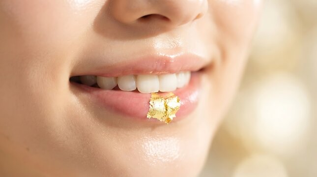 Beauty lips with gold leaf decoration showing healthy white teeth smile