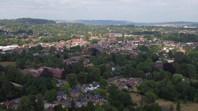 REIGATE, SURREY UK - Aerial view of leafy residential houses in Reigate.