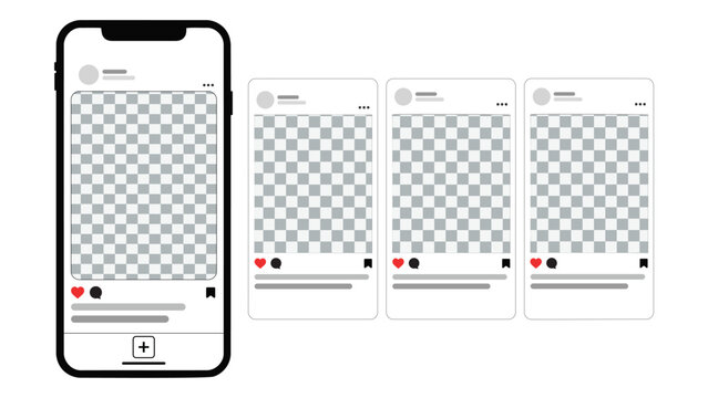 Smartphone mockup with social media post interface, digital mobile phone screen with photo placeholders, social network feed vector template