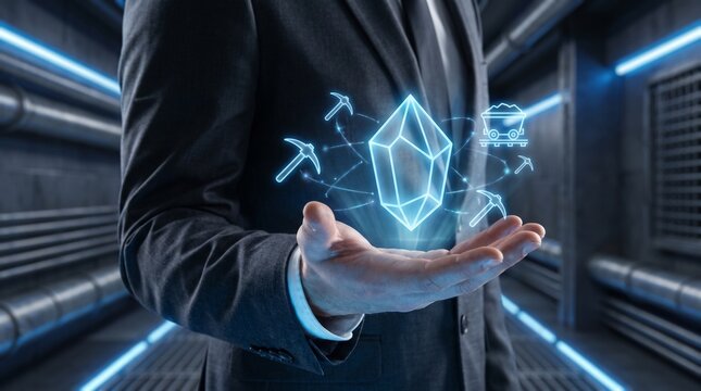 Businessman holding holographic crystal. Digital mining concept with futuristic tech interface.