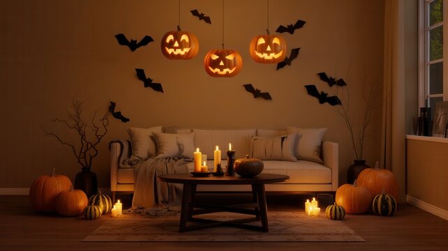 Cozy living room with Halloween decor. Perfect for autumn holiday design.