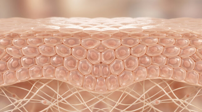 Cross-section of healthy skin cells above a collagen fiber network, showing epidermal structure, dermal tissue and skin barrier organization in a 3D medical rendering.