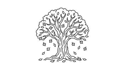 Minimalist Black and White Line Drawing of a Large Detailed Tree with Falling Leaves and Roots with high quality professional line art symbols for modern creative design and digital branding projects © ASEP
