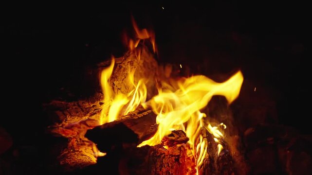 Cozy campfire in camp. Glowing campfire. Camping lifestyle. Bonfire night. Campsite warmth. Camping bonfire. Burning flames. Burning fire for barbecue. Bonfire for BBQ. Campfire fire at night