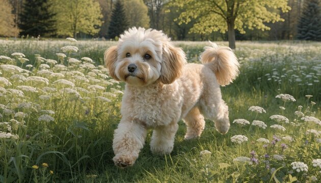 Adult Pomapoo Dog Walking Through Sunny Green Meadow in Natural Habitat