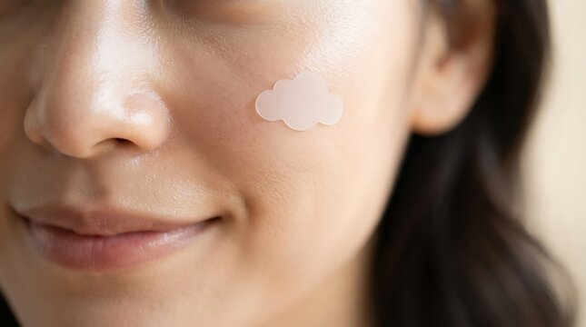 Acne pimple patch applied on young woman cheek for skincare treatment routine