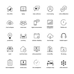 Fototapeta premium Flat design remote work icons set for business presentations. Minimalist line art vector collection of digital communication tools and home office...