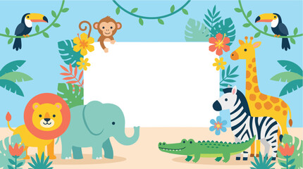 Fototapeta premium Whimsical Jungle Animal Party Invitation Frame Illustration with Vibrant Tropical Foliage and Copy Space for Festive Messages