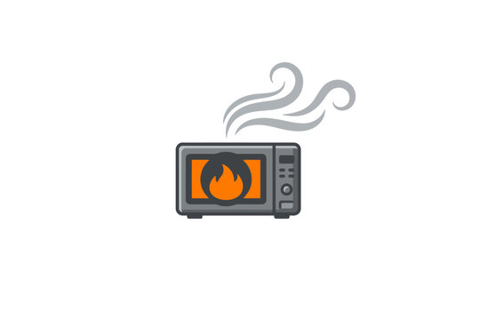 Burning microwave oven with fire and smoke on white background