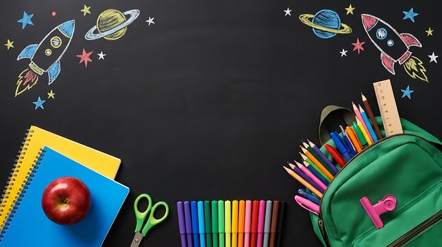 Top view of school supplies arranged on dark chalkboard surface with space for text and creative space themed doodles of rockets planets and stars surrounding student notebook gear.