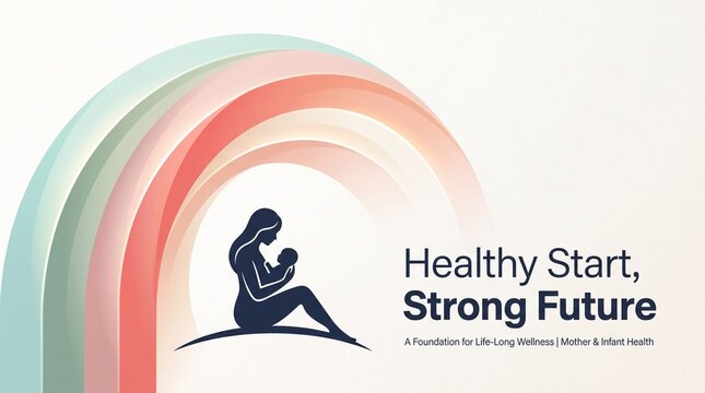 Healthy start strong future concept with mother and baby rainbow illustration