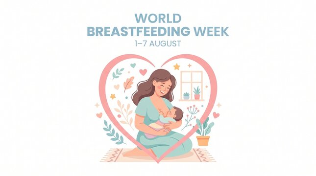 World breastfeeding week concept illustration mother holding baby inside heart