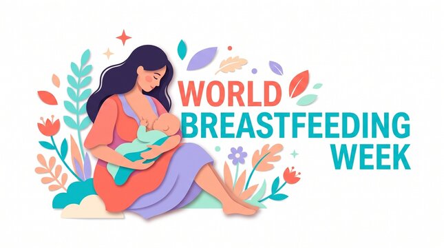 World breastfeeding week illustration mother nursing infant surrounded by flowers