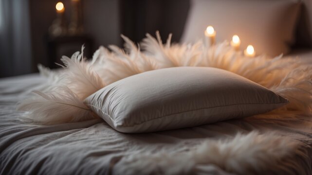 Soft white pillow placed on a bed surrounded by fluffy feathers and lit candles creating a cozy and inviting atmosphere in a softly lit bedroom