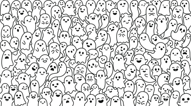  Cute Halloween Ghost Crowd Pattern with Funny Faces in Black and White Line Art