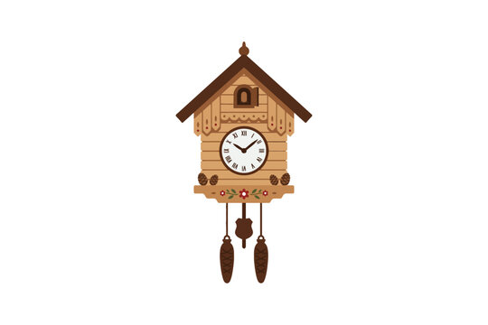 Traditional wooden cuckoo clock with pine cone weights on white