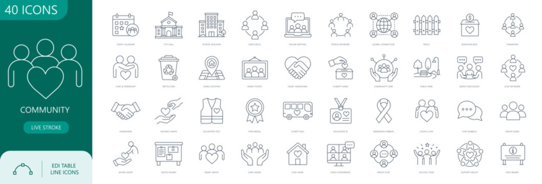 Community Support and Social Care Editable Thin Line Icon Collection