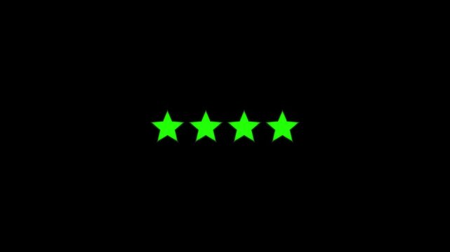 Four green stars rating animation on black background, for user feedback, and review systems