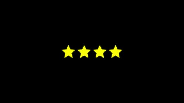 Four yellow stars rating animation on black background, for customer feedback, and review systems, four stars