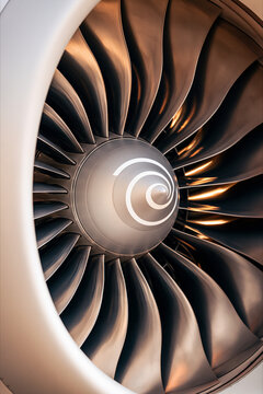 Close up shot of a jet engine turbine in a beautiful sunset light.