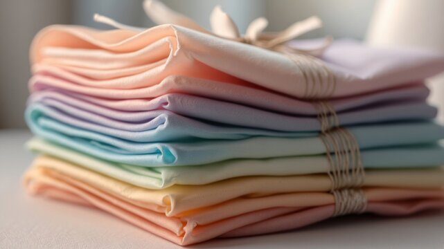 Stack of neatly folded pastel-colored fabric napkins tied with twine, displayed on a light surface with soft lighting creating a serene atmosphere
