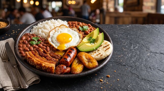 Gastronom&iacute;a colombiana aut&eacute;ntica, arepas tradicionales, bandeja paisa y limonada de coco con estilo comercial y espacio negativo