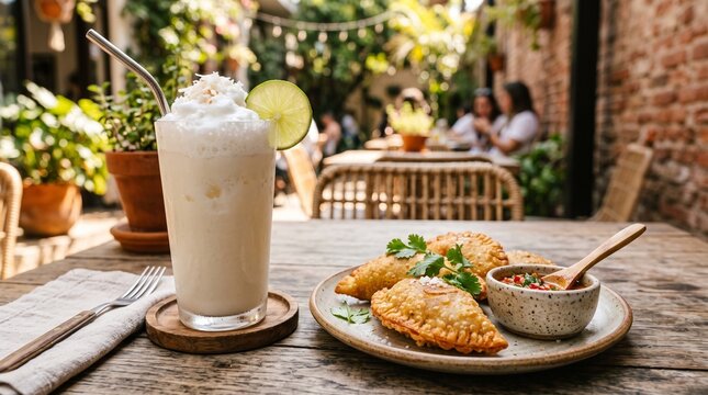 Gastronom&iacute;a colombiana aut&eacute;ntica, arepas tradicionales, bandeja paisa y limonada de coco con estilo comercial y espacio negativo