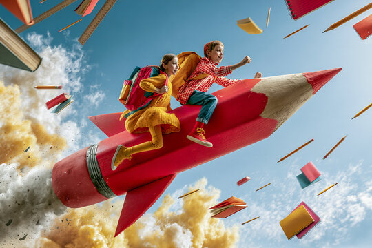 Two happy school kids riding a giant pencil rocket, flying books and pencils, back to school and education concept