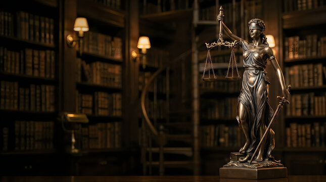 Lady justice bronze statue on desk with blurred library background sculpture attorney