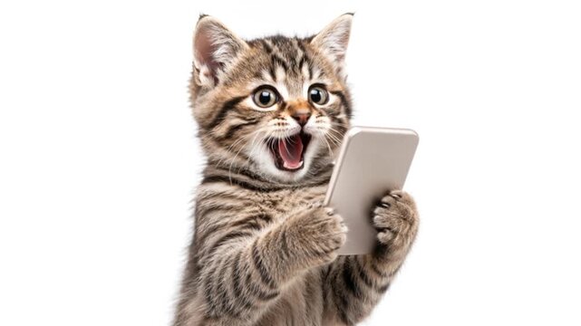 Surprised kitten reacting to smartphone notification with shocked expression in 4K