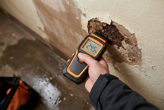 Inspector checking for moisture in wall damage with handheld digital moisture meter measuring dampness levels of interior wall surface and checking for water leaks and potential mold growth.