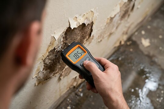Inspector checking for moisture in wall damage with handheld digital moisture meter measuring dampness levels of interior wall surface and checking for water leaks and potential mold growth.