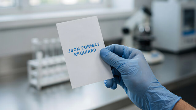 A gloved hand holding a card with json format required text in a laboratory