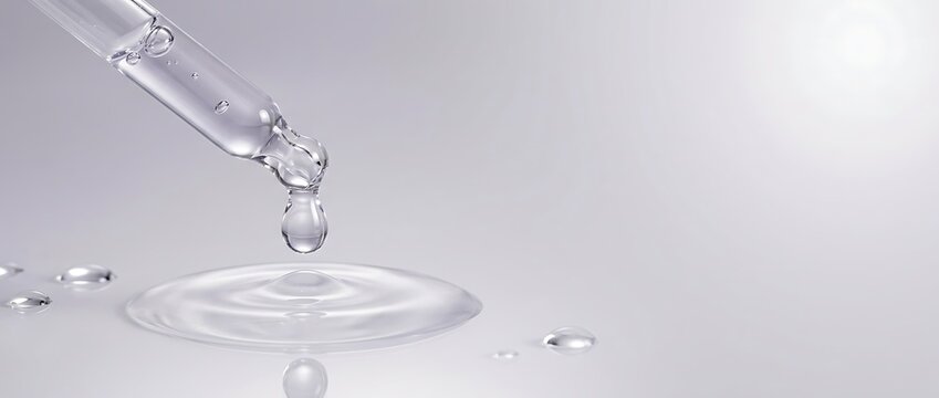 Cosmetic dropper pipette releasing single clear liquid drop into rippling water pool on clean surface highlighting skincare laboratory research purity moisture hydration beauty therapy.